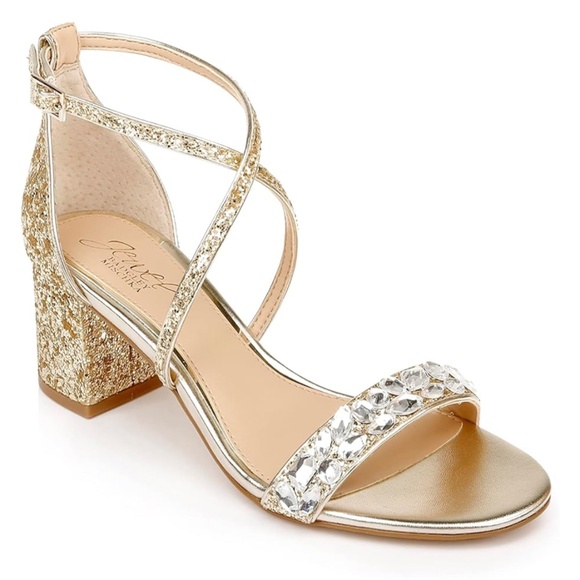Jewel Badgley Mischka Golden Glitter Rhinestone Heeled Sandals Showgirl TS13 - Picture 1 of 14